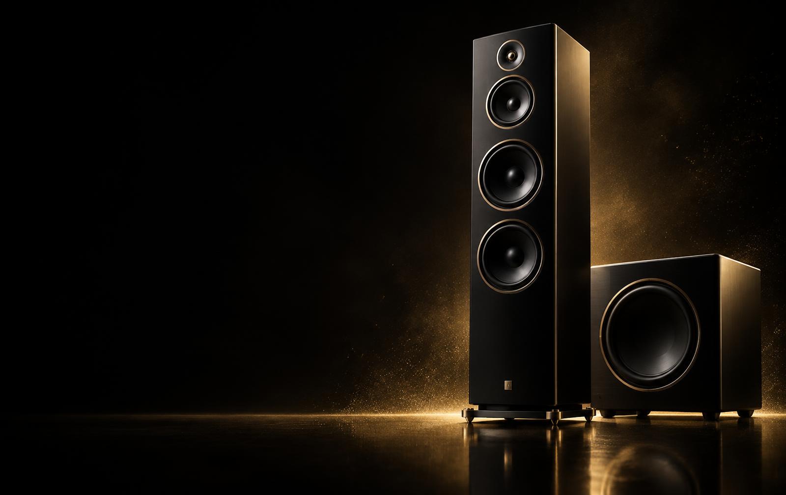 Premium black speaker and subwoofer lit in gold